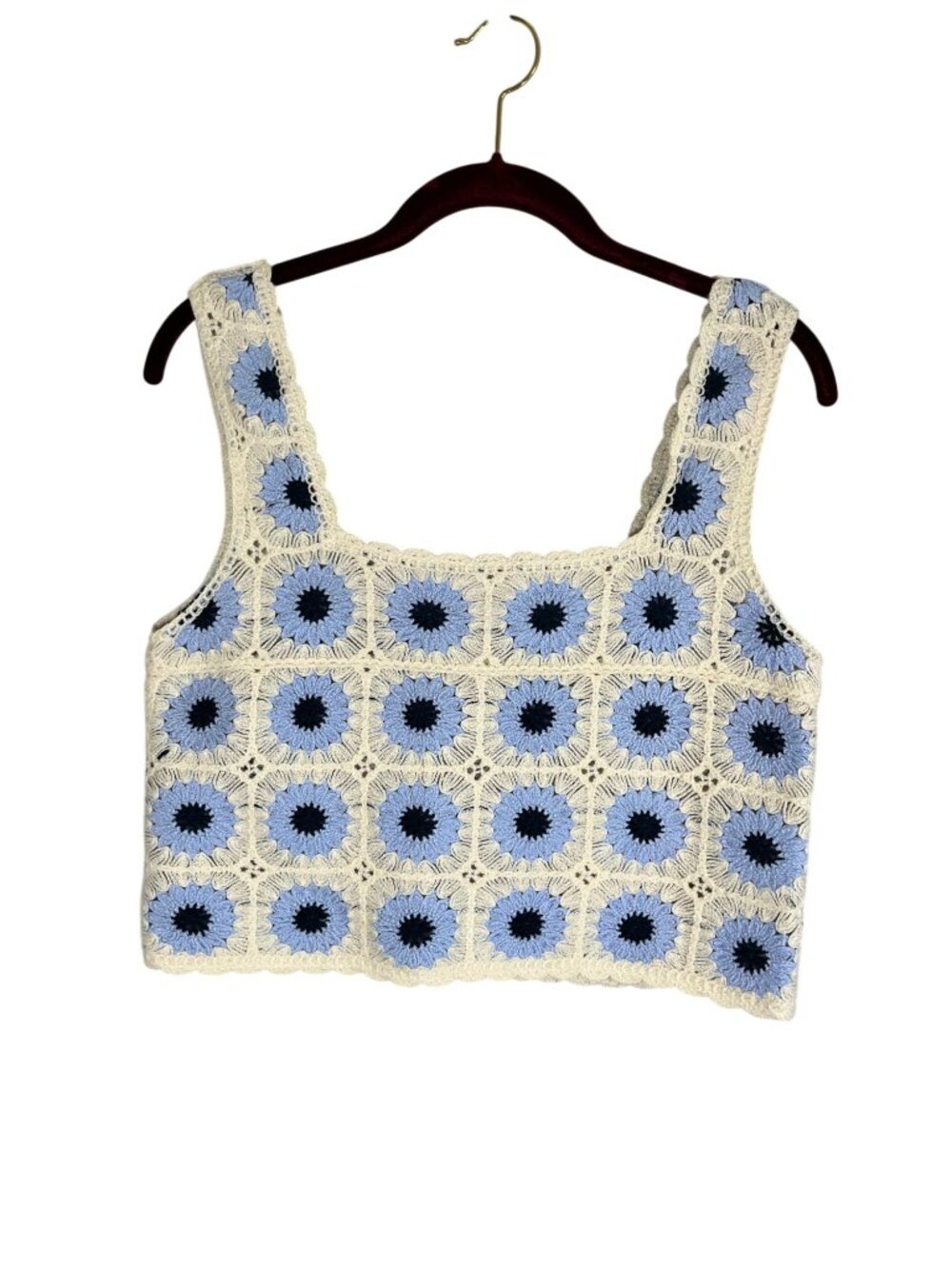 Colorful Floral Knit Crochet Crop Tank Top XS Boho Indie Festival Granny Folk